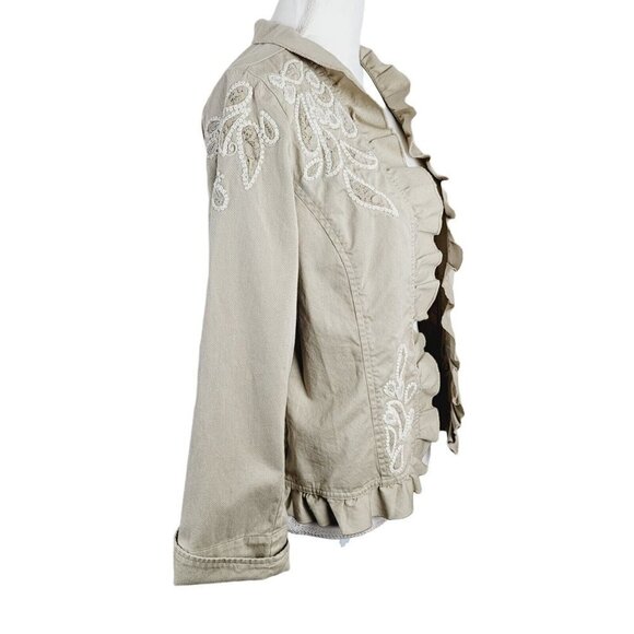 Chico's Sz 1 (Med 8) Jacket Open Front Embroidered Paisley Ruffled Trim Tan - Picture 2 of 7